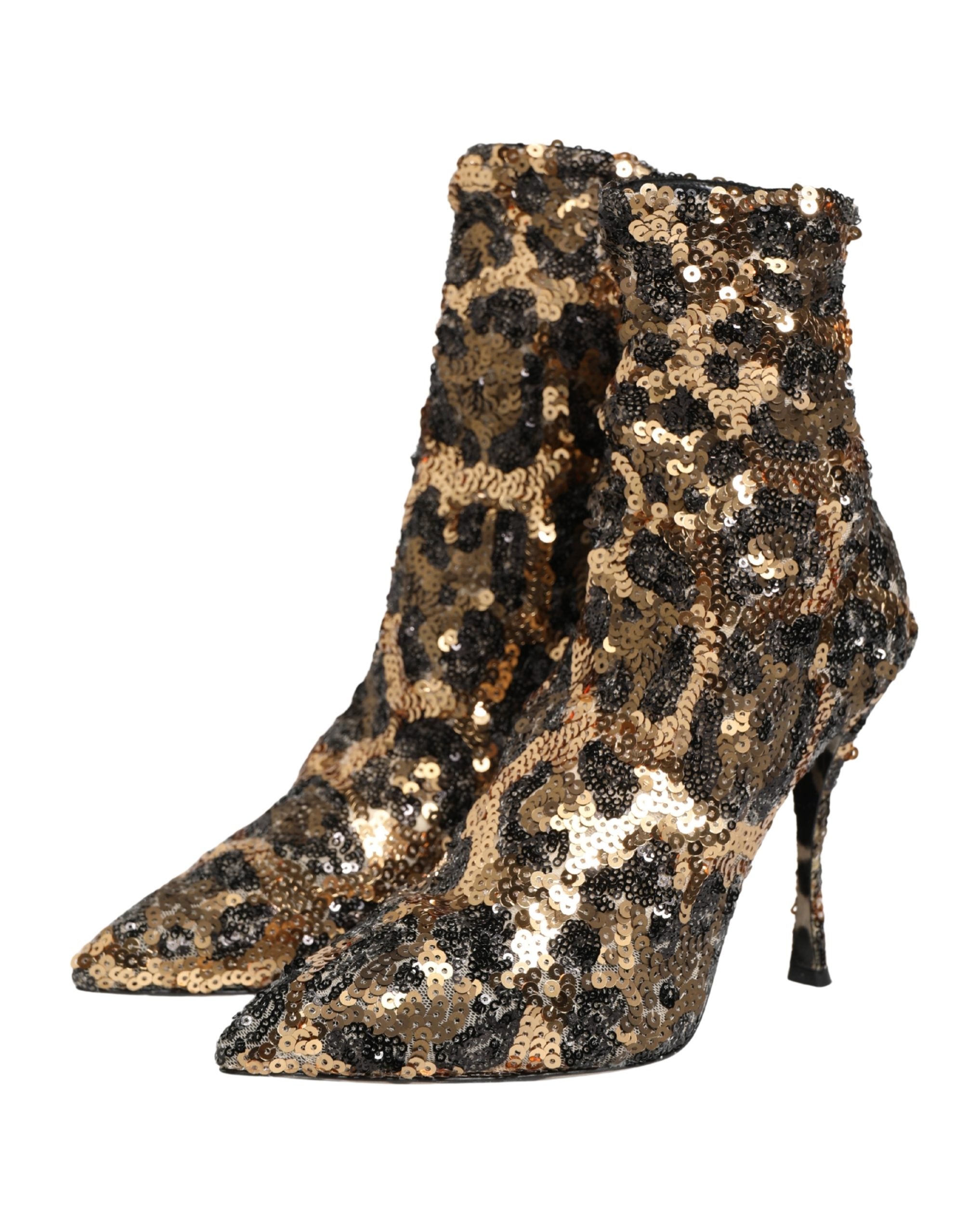 Gold Leopard Sequin Sock Ankle Boots Shoes